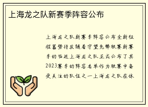 上海龙之队新赛季阵容公布