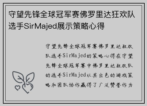 守望先锋全球冠军赛佛罗里达狂欢队选手SirMajed展示策略心得